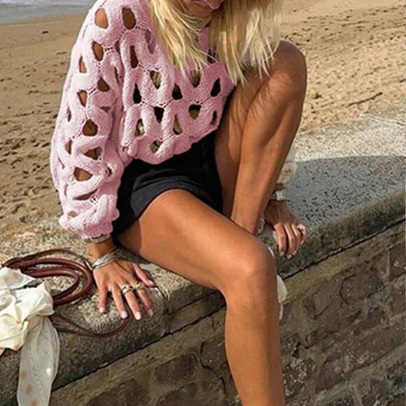 Pink Casual Women's Skeleton Weave Long Sleeve Cowl Sweater Pullover - Picture 4 of 11